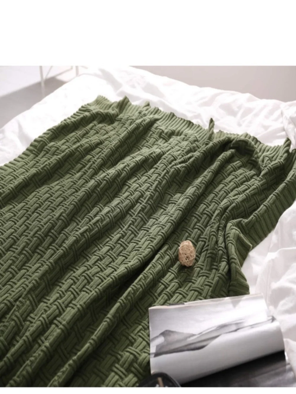 Cable Knit Throw Blanket 100% Cotton FOREST GREEN